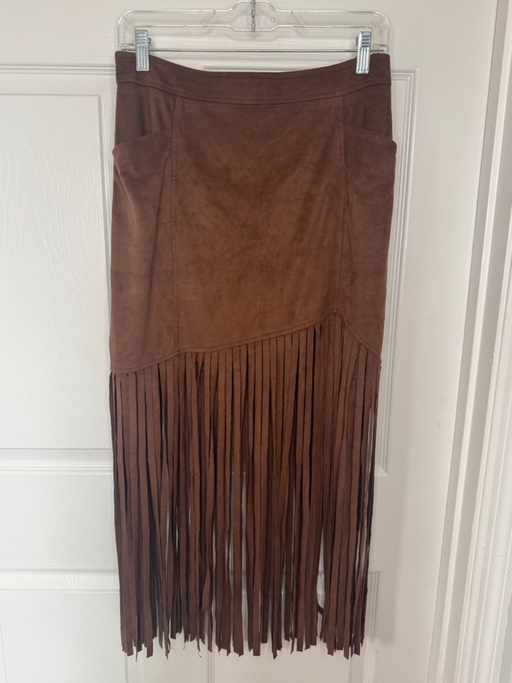 Brown Faux Suede Fringe Midi Skirt - Women